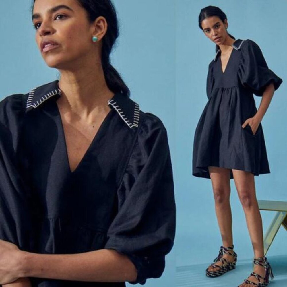 NWT Hunter Bell Collared V-Neck Poplin Noah Mini Dress Black Size: Small